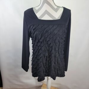 NWT Harve Bernard Ruffled Black Top Long Sleeve Size XL Made in USA Square Neck